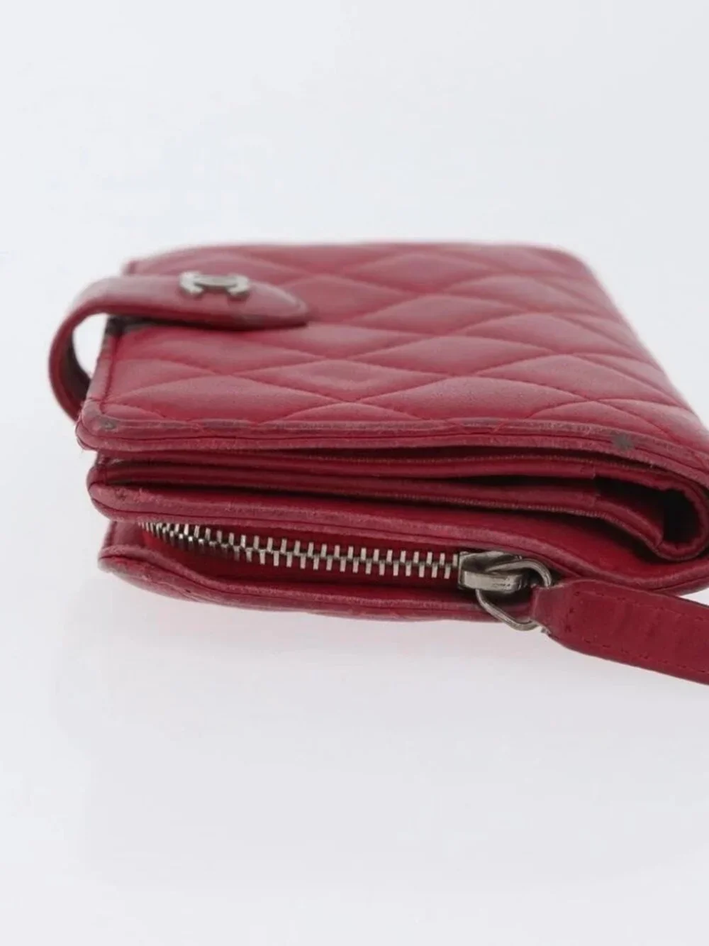 CHANEL Matelasse Bifold Wallet Lamb Skin Red Silver CC Auth YKZ104